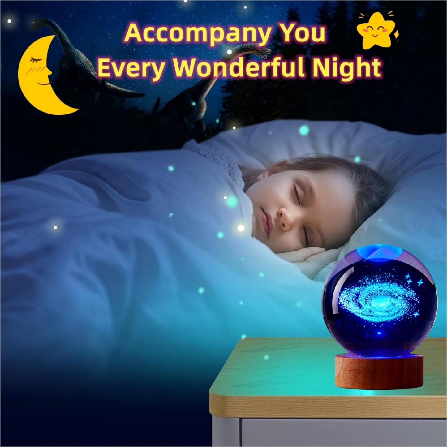 3.15 inch Galaxy Crystal Ball lamp,3D Solar System Crystal Ball Night Light with Wooden Base,16 Colors Change with Remote Control,Clear Glass Planet Light,Birthday Gift for Friends (Galaxy)
