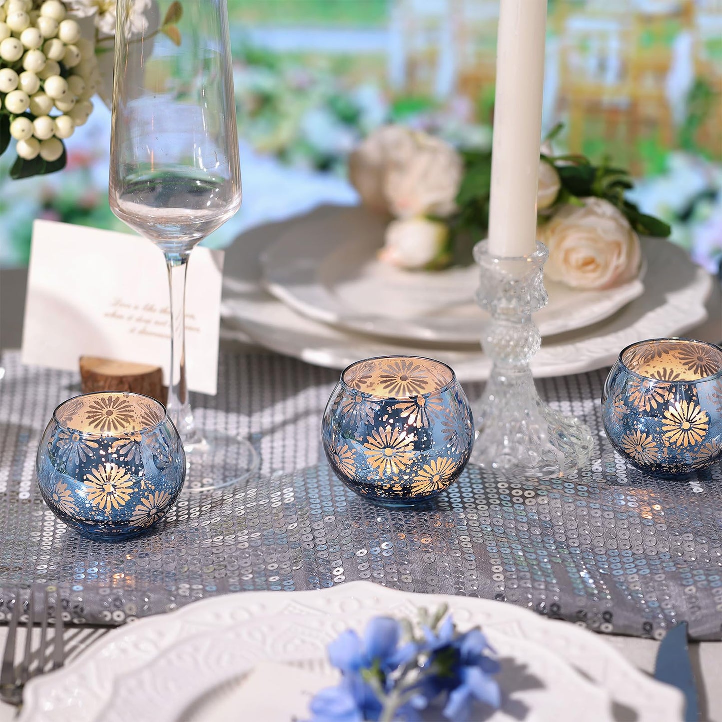 sunnyfuture Blue Mercury Glass Votive Candle Holders Set of 12, Round Tealight Candle Holders Bulk for Table Centerpieces, Weddings, Shower Gifts, Party Decorations