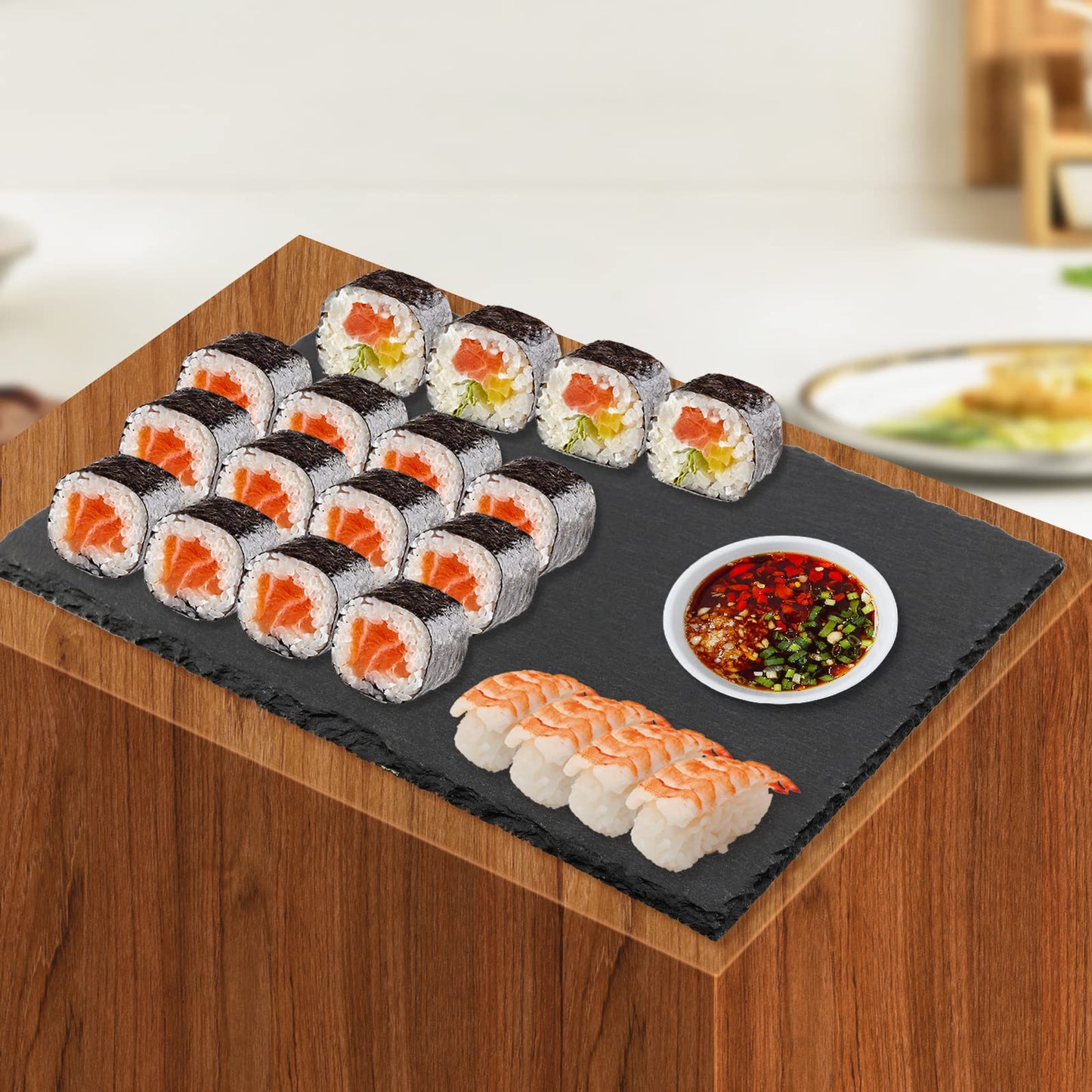 MUKLEI 4 Pack 12" x 8" Black Slate Cheese Boards, Slate Serving Platter with Natural Edge, Slate Stone Serving Tray for Cheese, Charcuterie, Sushi, Appetizers