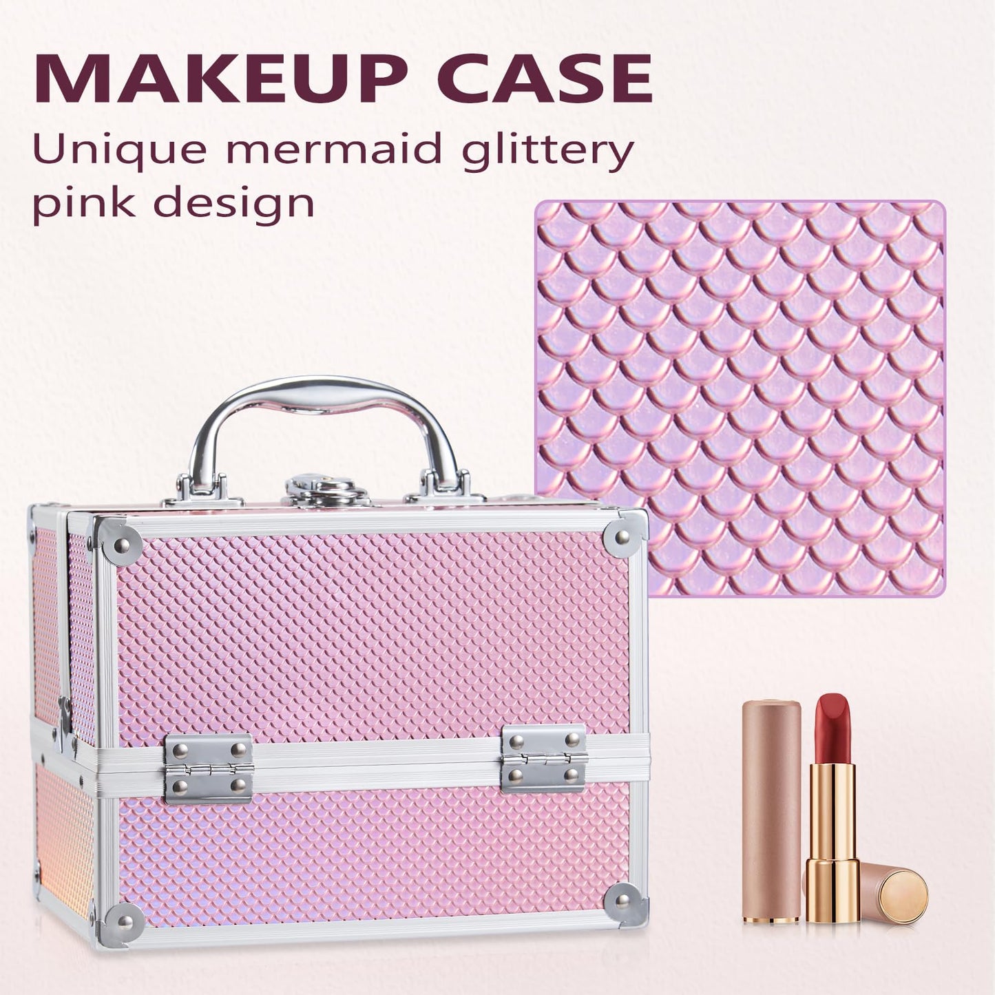 Frenessa Vanity Case Makeup Case Makeup Box Organiser 4 Trays Lockable Beauty Box Make up Organiser Storage, Pink
