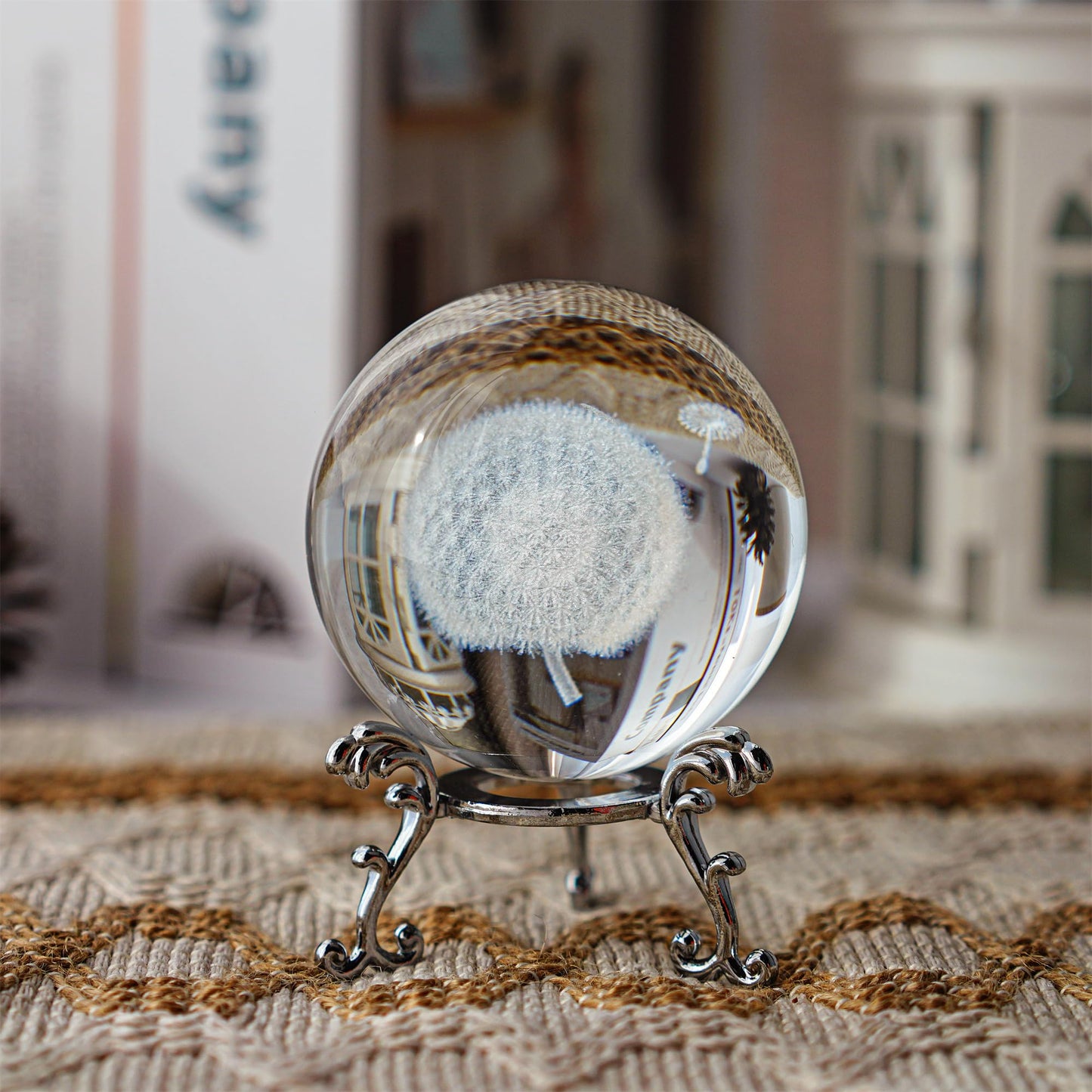 HDCRYSTALGIFTS 60mm Dandelion Crystal Ball Paperweight with Stand Gift for Women Mom 3D Laser Engraved Glass Plant Decorative Ball Full Sphere Home Office Desktop Decor