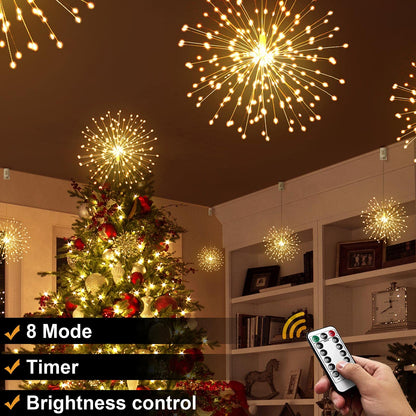 DenicMic Firework Starburst Lights 3200K Warm White 8 Mode LED Battery Operated Chandelier Star Lights with Remote, Hanging Decorations Indoor Outdoor