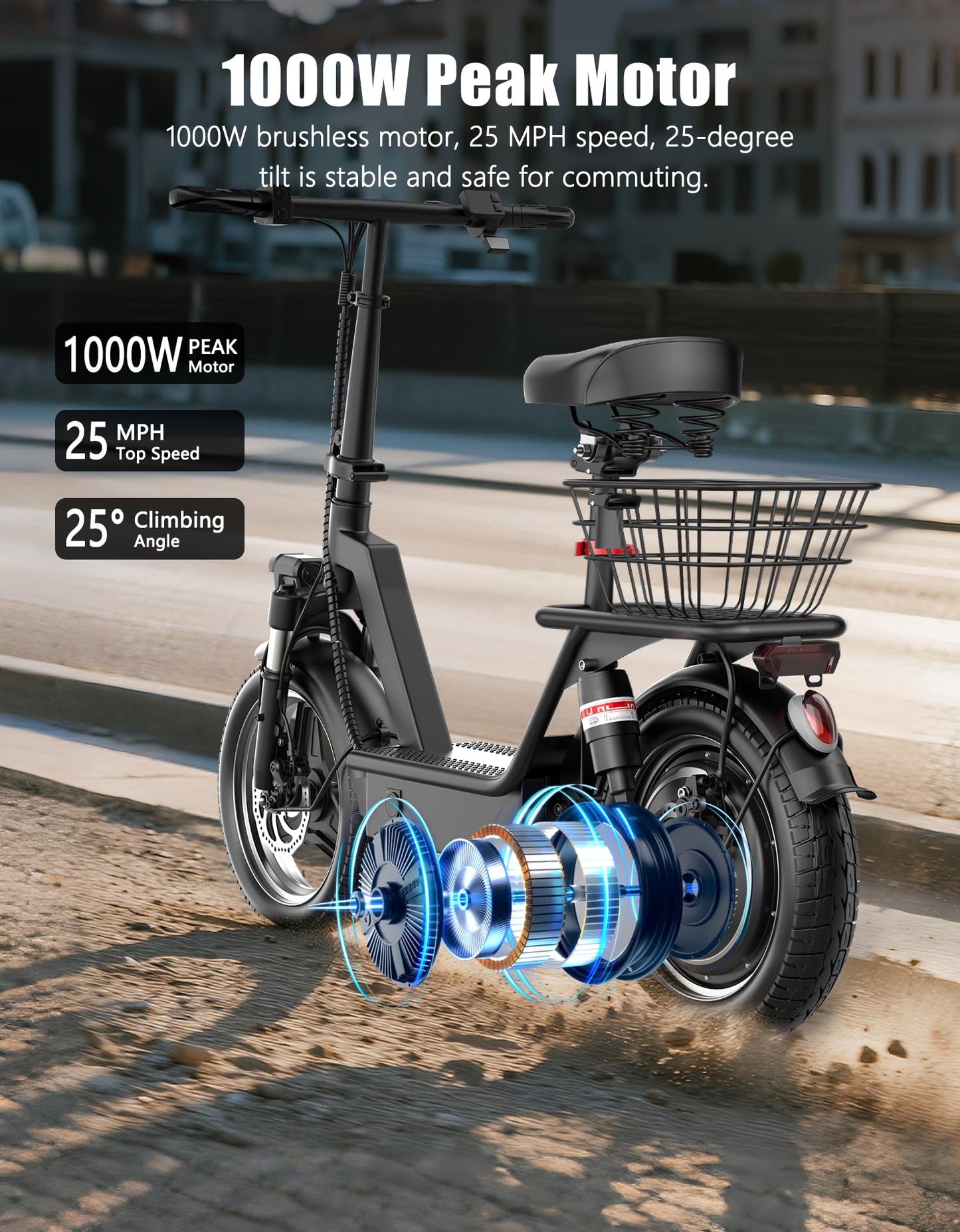 Electric Scooter for Adults, 1000W Peak Motor, 35 Miles of Range Scooter with Seat, 25 MPH Top Speed, 48V 13Ah Battery, Dual Suspension, Foldable E-Scooter with Rear Basket for Cargo, Commuting, 2PCS