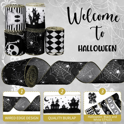 JarThenaAMCS 5 Roll Halloween Wired Edge Ribbon - 2.5 Inch, 30 Yards Ghost Skeleton Spider Web - White & Black Spooky Gift Wrap Ribbon for Bow, Wreath, Craft & Party Decor