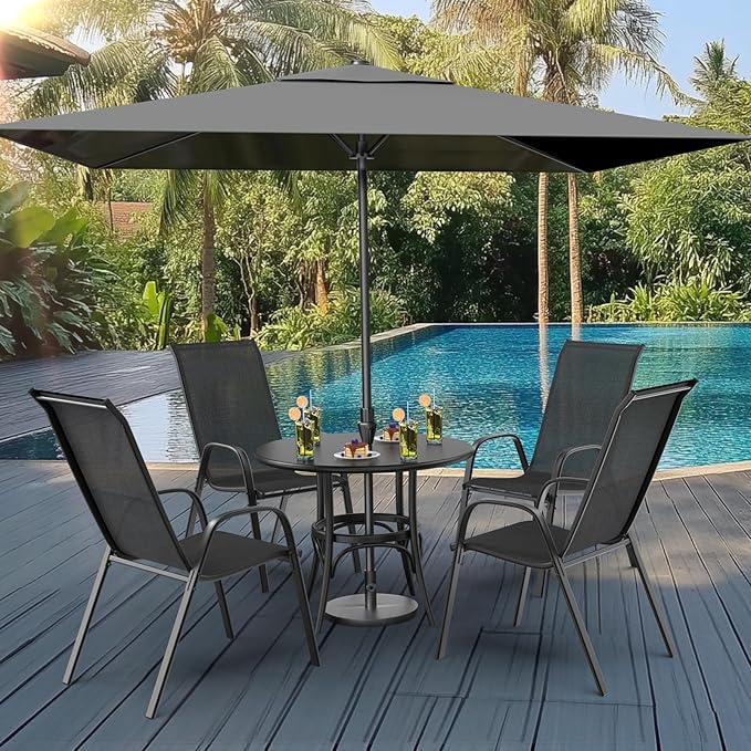 VINGLI Patio Chairs Set of 6 – Stackable Outdoor Dining Chairs with Comfortable Sling High Back Chairs and Armrests for Lawn, Poolside, Courtyard, Balcony, Garden, Black