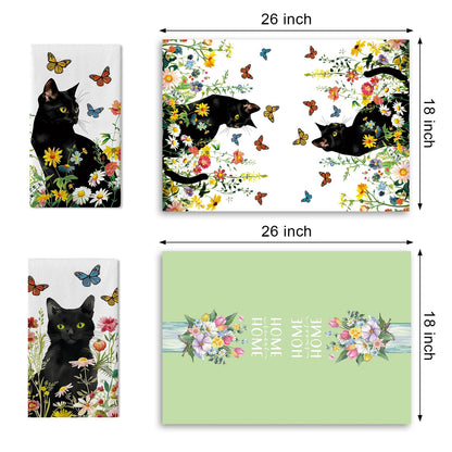 Croar Spring Summer Black Cat Floral Kitchen Dish Towels Set of 2, Daisy Flower Butterfly Drying Hand Towel Baking Cooking Cloth, Wildflower Bathroom Home Decoration Pet Cat Owner Lover Gift 18''x26''