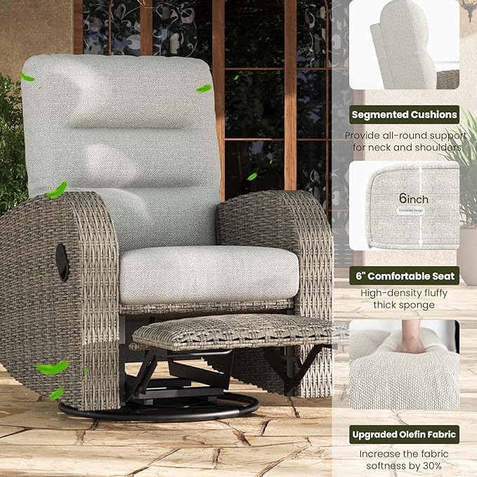 LayinSun Oversized Wicker Outdoor Swivel Glider Recliner with Adjustable Backrest & Footrest, Patio Reclining Lounge Chair