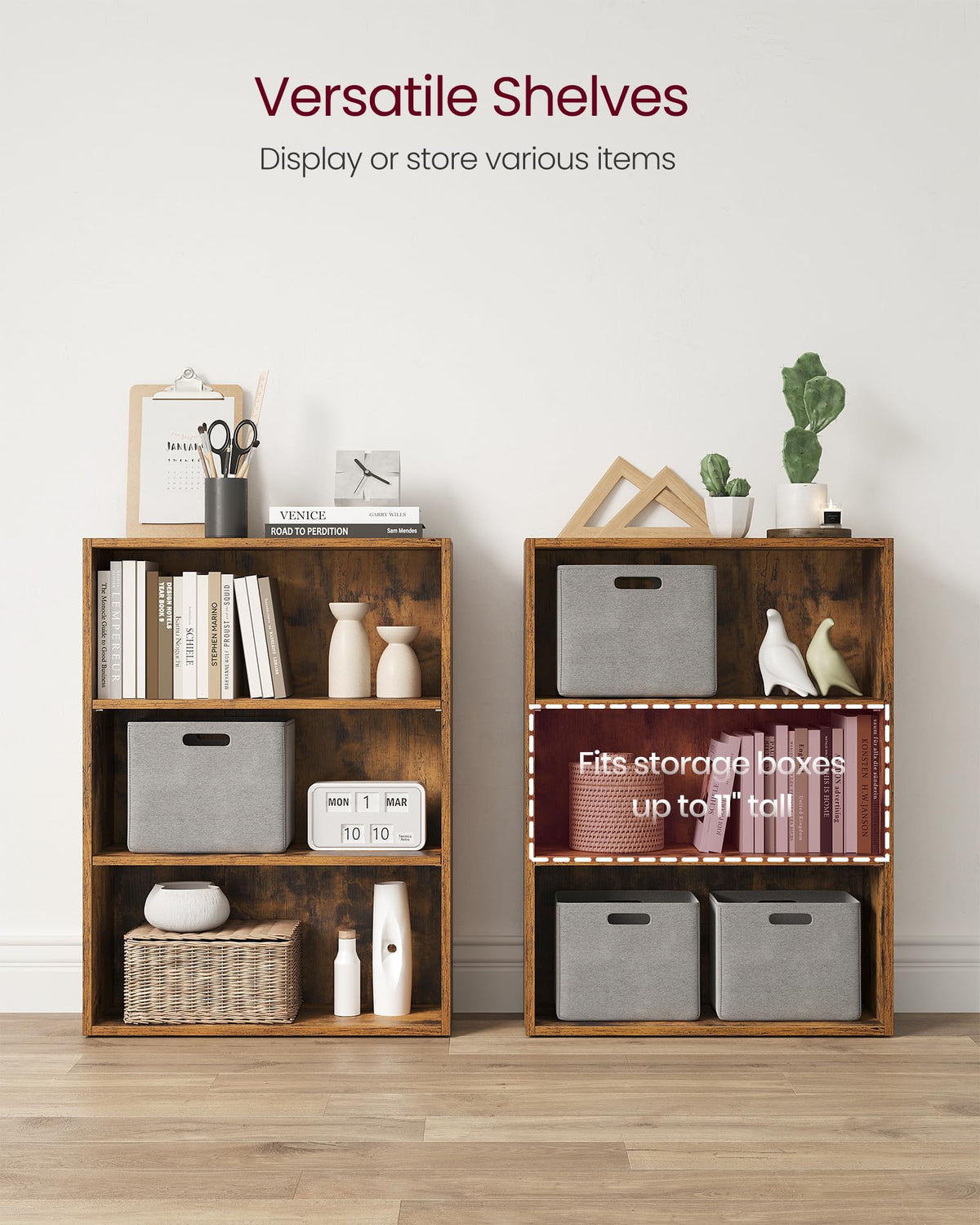 VASAGLE CUSTOS Collection - Bookshelf, 3-Tier Bookcase, Book Shelf, Open Storage Shelf, 9.4 x 23.6 x 32 Inches, for Living Room, Home Office, Dinning Room, Rustic Brown ULBC163X01