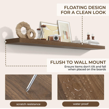RICHFOCUS 72Inch Floating Shelves for Wall 2 Pack Shelves for Bedroom|Kitchen|Bathroom Wall Mounted Rustic Wood Floating Shelf with Invisible Brackets for Books|Storage|Decor, Walnut