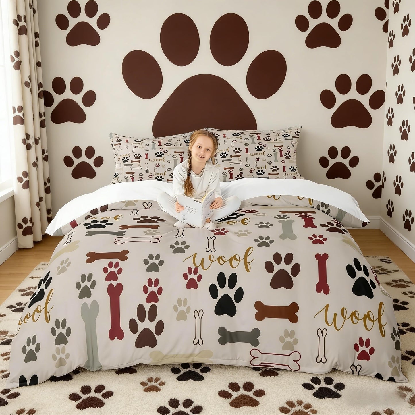 Dog Paw Print Duvet Cover Set King Size,Bone Pattern Bedding Set 3pcs for Kids Teens Girls Boys Room Decor, Pet Animal Comforter Cover Cartoon Quilt Cover with 2 Pillowcases