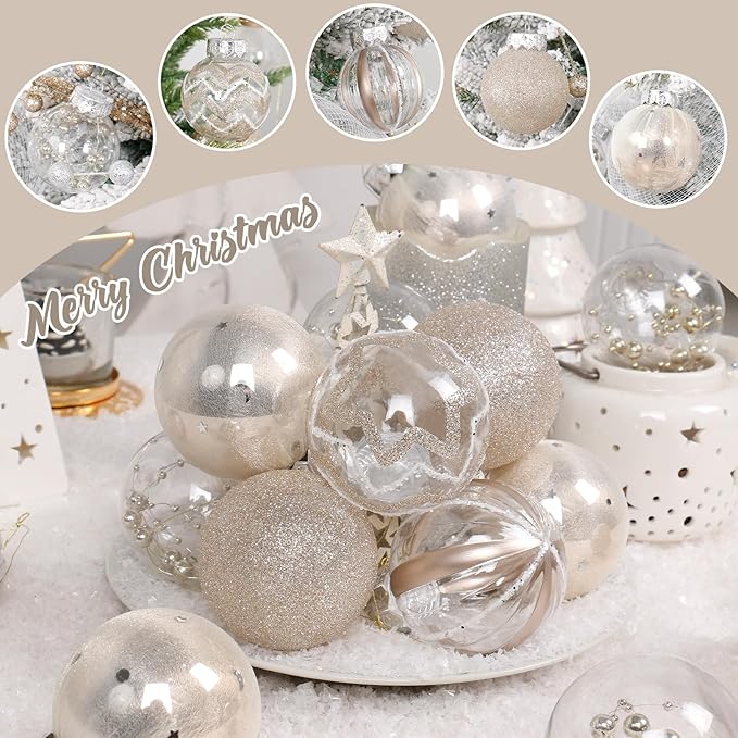SY Super Bang 30PCS Champagne Christmas Ornaments Set, 60MM/2.36" Clear Plastic Shatterproof Ball Ornaments for Christmas Tree Hanging Decorations, for Home Holiday Party Xmas Decor.