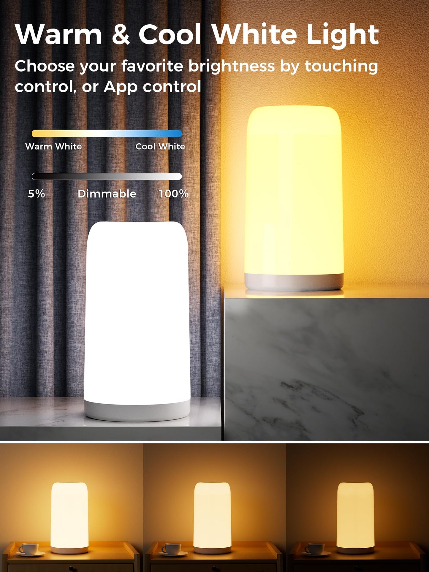 VOLIVO Smart Touch Bedside Table Lamp, Dimmable Night Lamp, Plug-in Table Lamp, Timing Function via Bluetooth Connection APP, Suitable for Living Room, Bedroom, Nursery, Office - Home Decoration Gift.