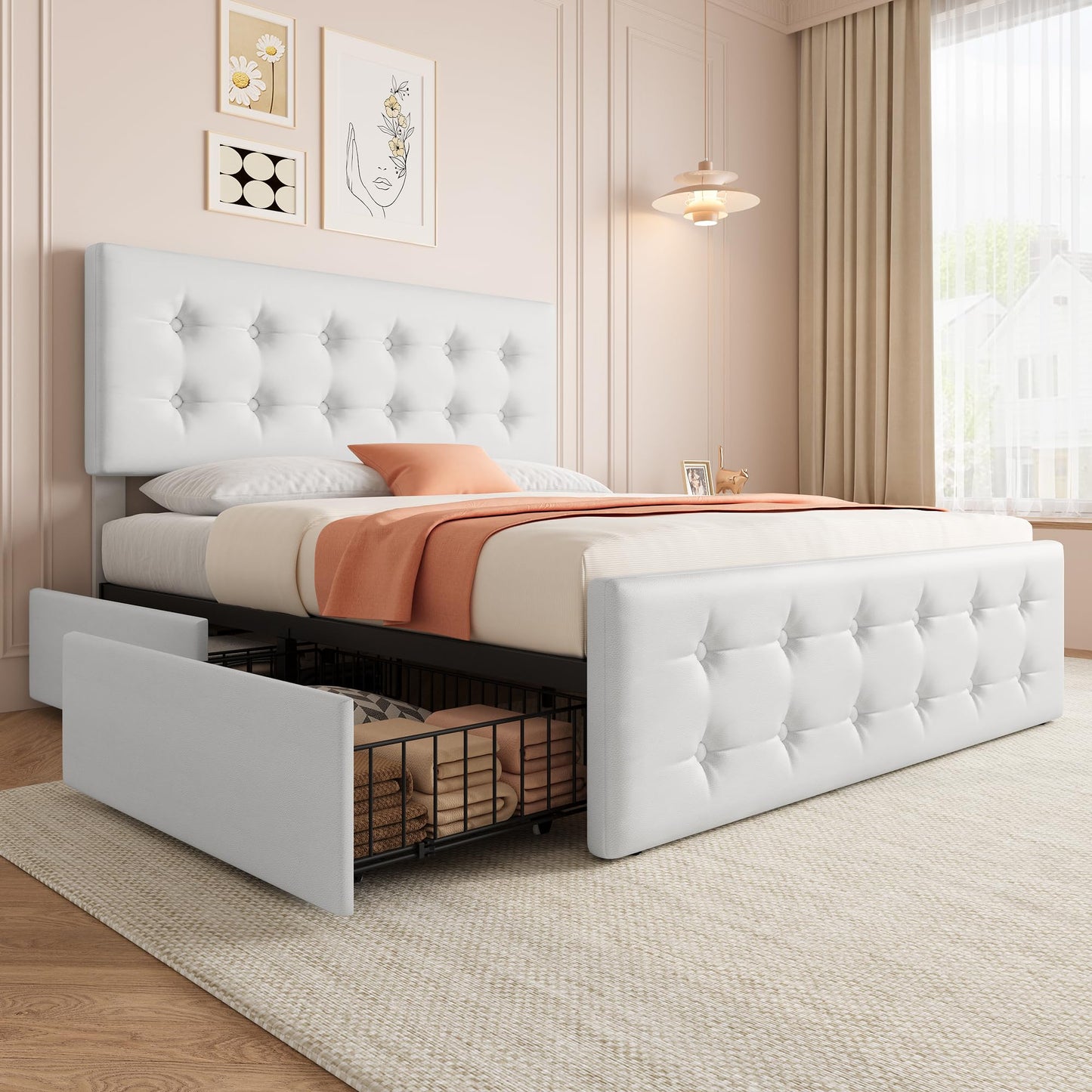 GarveeHome Full Size Bed Frame with 4 Storage Drawers and Headboard, Faux Leather Upholstered Platform Bed Frame with Wooden Slats Support, Button Tufted Design, No Box Spring Needed, White