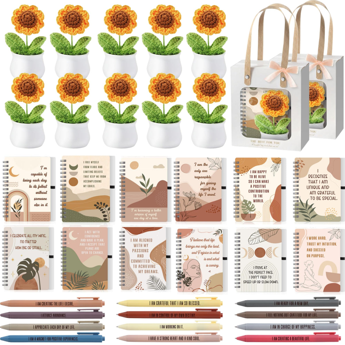 Kosiz 48 Pcs/12 Set Positive Affirmation Gift for Women Boho Positive Notebooks with Ballpoint Pens Motivational Spiral Notepad Inspirational Crochet Sunflower Gift for Mother's Day, Teacher, Coworker