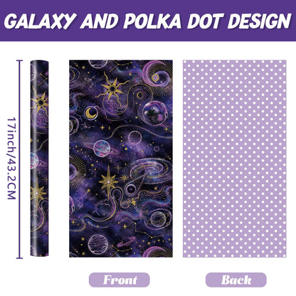 WERNNSAI Galaxy Wrapping Paper Roll - 1 Roll 17” x 33 ft Purple Dark Night Sky Nebula Star Wrapping Paper for Boys Girls Reversible Polka Dot Design Gift Wrap for Birthday Holiday Baby Shower Party Favors