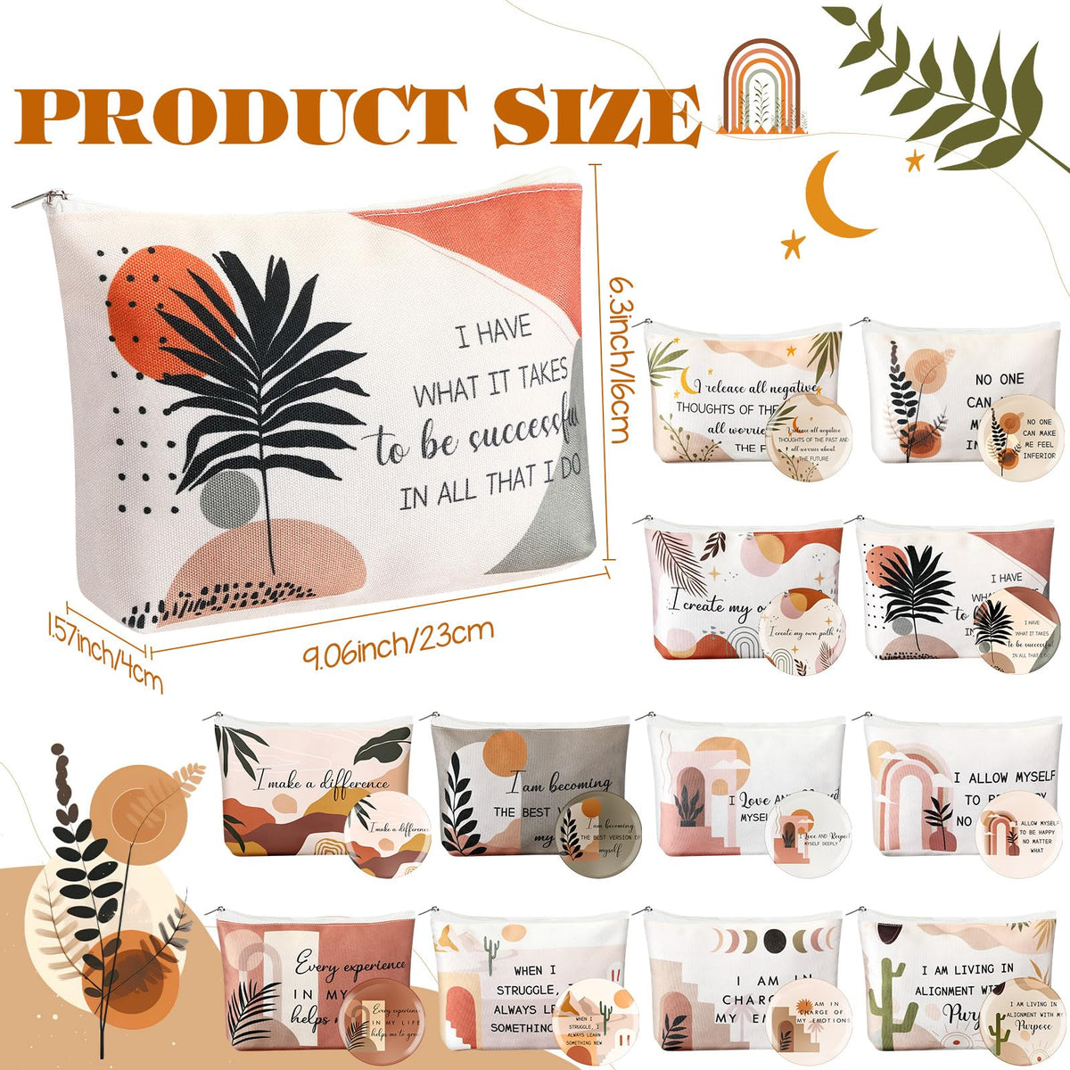 Kacctyen 24 Pcs Positive Affirmation Gift Set 12 Inspirational Canvas Makeup Bags 12 Daily Affirmations Mirrors Bulk Employee Appreciation Gifts for Women Stress Relief Self Care Gift(Bohemia)