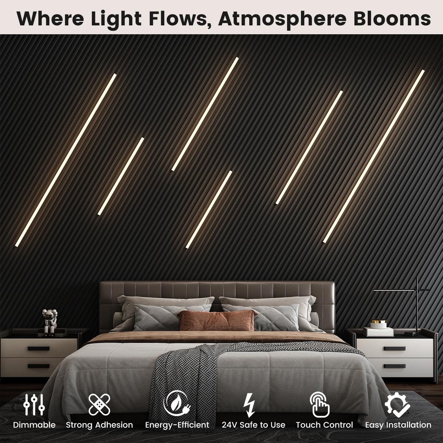 LED Recessed Lighting Kit for Wall Panels - GloryAir 6pcs Adhesive Wall Strip Lights for Interior Wall Decor, 3000K Touchable Switch Lamp for Wood Slat, Wall Accent Acoustic Panels, Kitchen Home stair