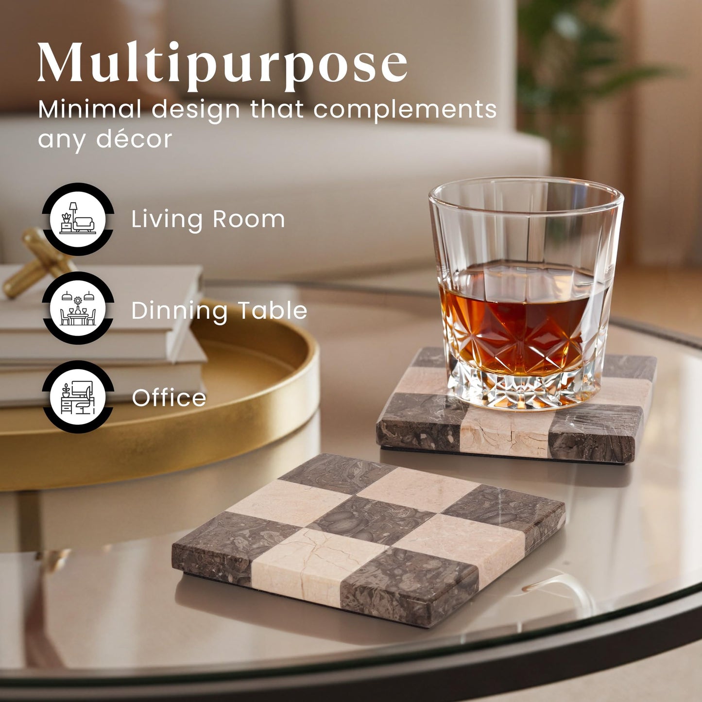 EarthenTones Marble Coasters Set of 4, Oceanic & Verona Handmade 4 inch Square Stone Coaster, Decorative Checkered Cup Coaster for Coffee Table, Housewarming Gift & Luxury Kitchen Accessories