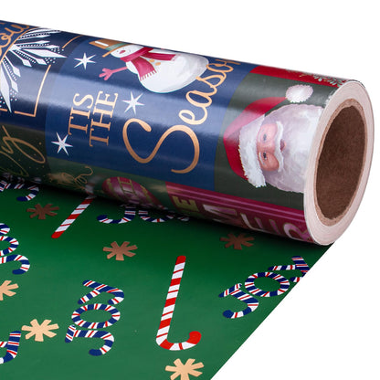 RUSPEPA Reversible Wrapping Paper Roll - Mini Roll - Christmas Santa Claus, Snowman and Candy Cane Pattern Great for Christmas, Party, Holiday - 17.5 Inches X 32.8 Feet