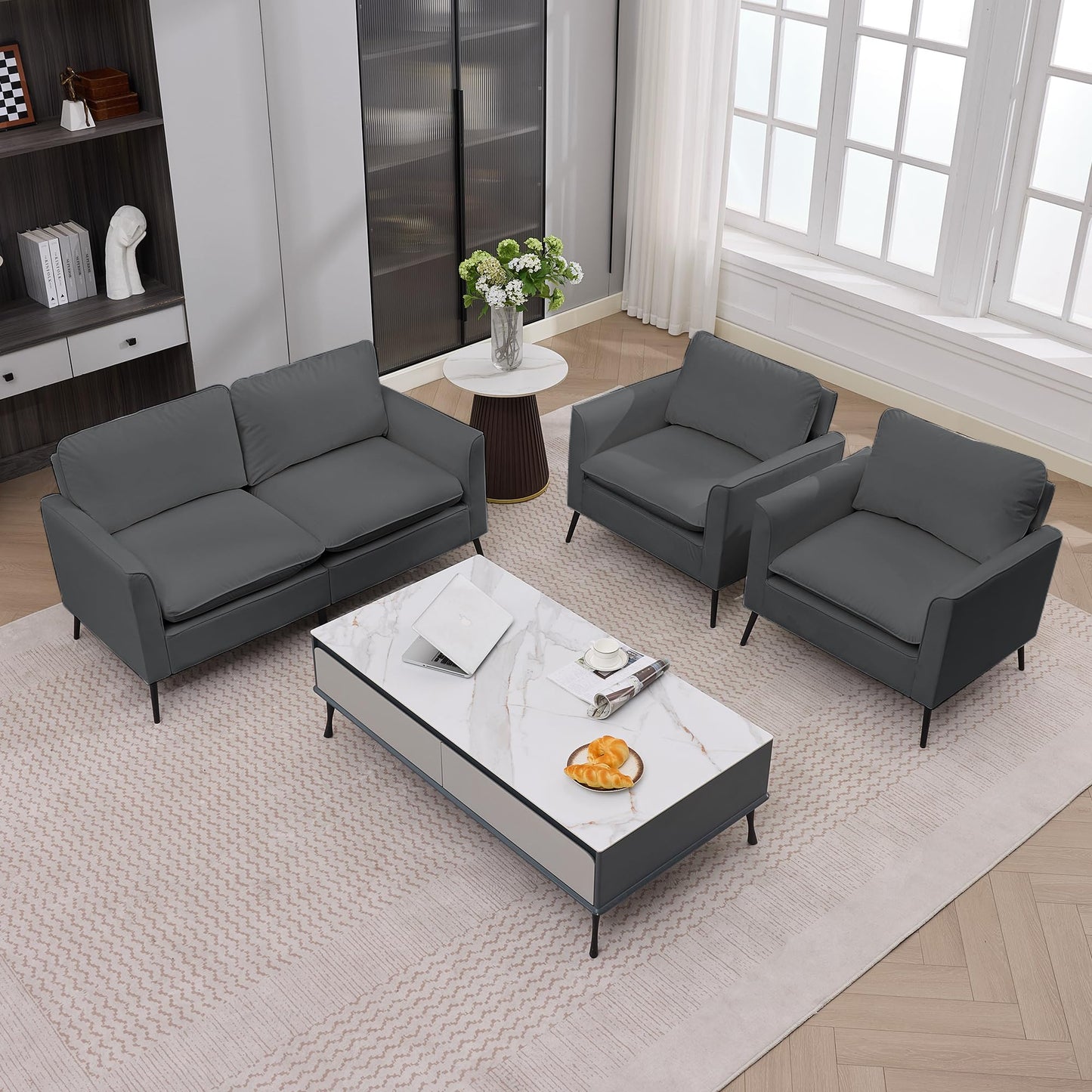 KEIKI Faux Leather Sofa Couch, Living Room Furniture Sectional Sofa Sets of 3 Pcs, Mid Century Modern Decor Sofa Couches, Loveseat & Accent Chair for Small Space, Apartment, Office, Gray