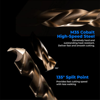 AMOOLO Cobalt Drill Bit Set 23Pcs (1/16"-3/8"), M35 High Speed Steel Metal Drill Bits Jobber Length for Hardened Metal, Stainless Steel, Cast Iron, Plastic and Wood