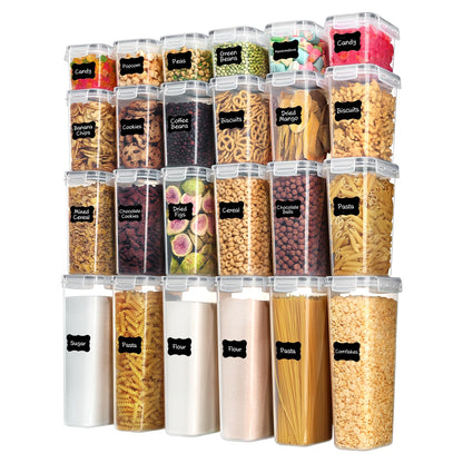 Vtopmart Airtight Food Storage Containers with Lids, 24 pcs Plastic Kitchen and Pantry Organization Canisters for Cereal, Dry Food, Flour and Sugar, BPA Free, Includes 24 Labels，Gray