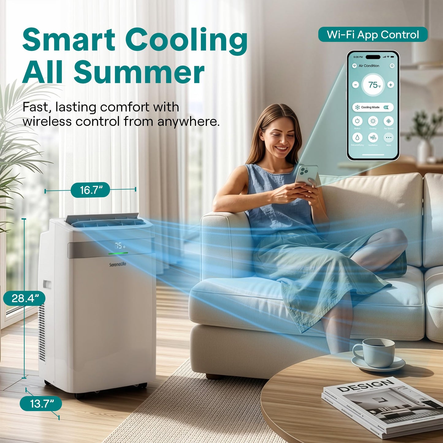 SereneLife Portable AC Unit and Heater, Adjustable Temperature with 12,000 BTU Cooling & Heating, Smart Wi-Fi Control, Dehumidifier & Fan Modes, Portable AC Units for Rooms with Window Mount Kit White