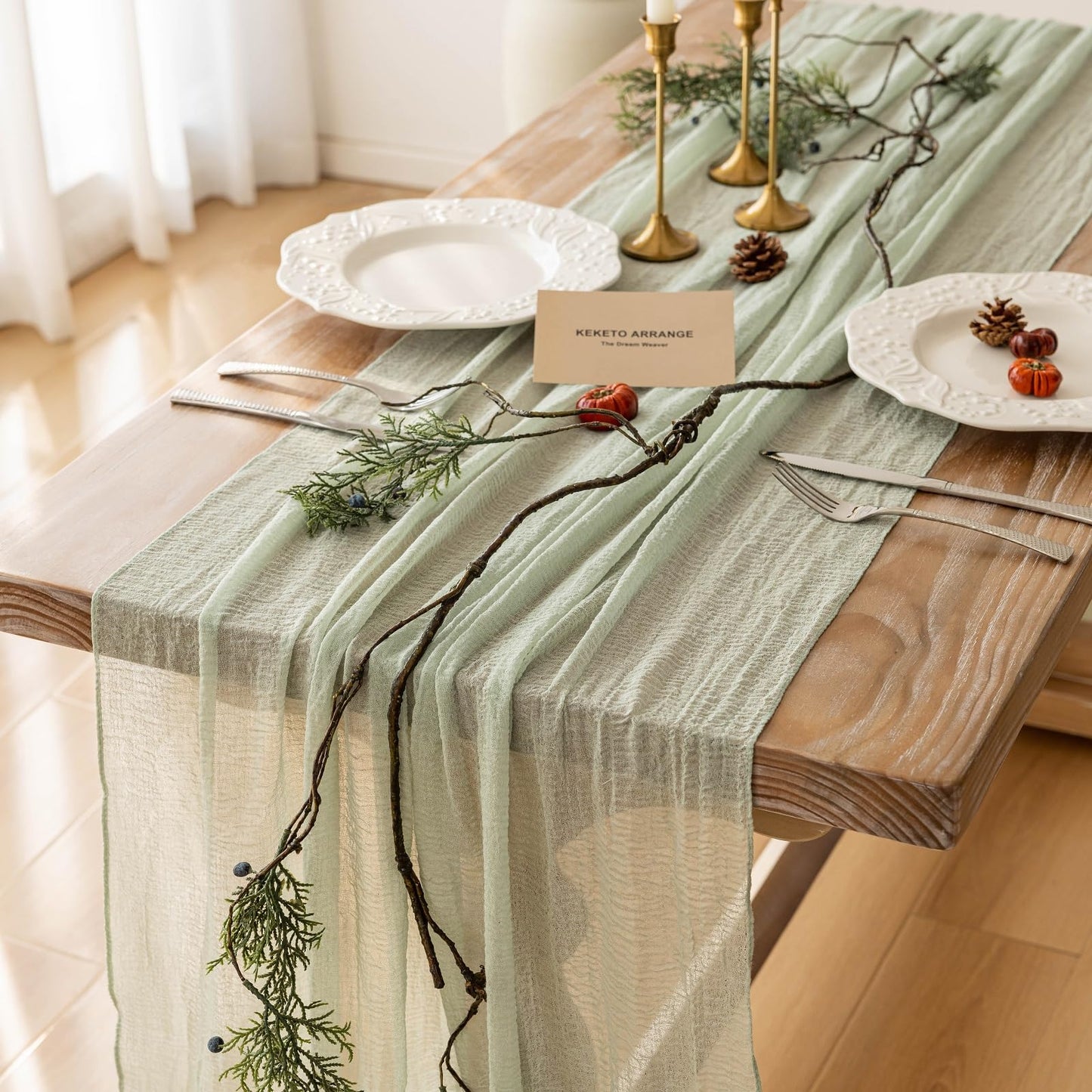 Keketoarrange Sage Green Table Runner Cheesecloth 120 Inch 10 FT Rustic Boho Cheese Cloth Table Runner for Wedding Baby Shower Bridal Shower Sheer Gauze Centerpiece Spring Summer Home Decorations