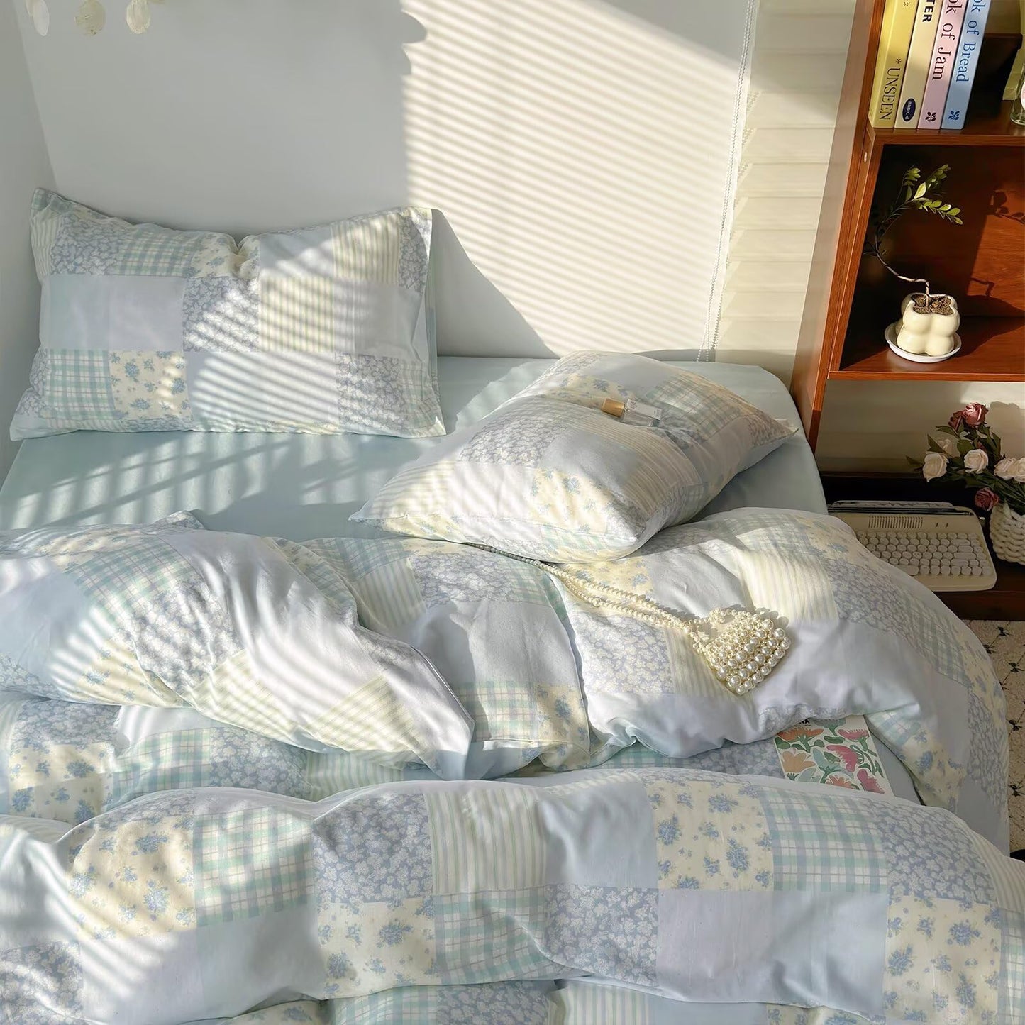 BuLuTu Luxury Muslin Cotton Duvet Cover Set Queen Size, Light Blue Striped Floral Duvet Covers Breathable Comfy Bedding Comforter Cover for Summer, Zipper Closure, Machine Wash
