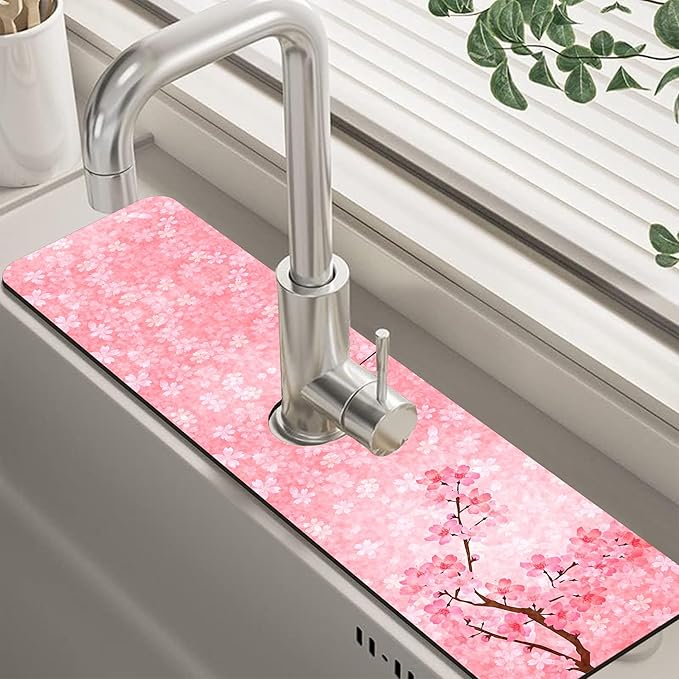 Spring Cherry Blossom Kitchen Sink Splash Guard Absorbent Fast Drying Mat