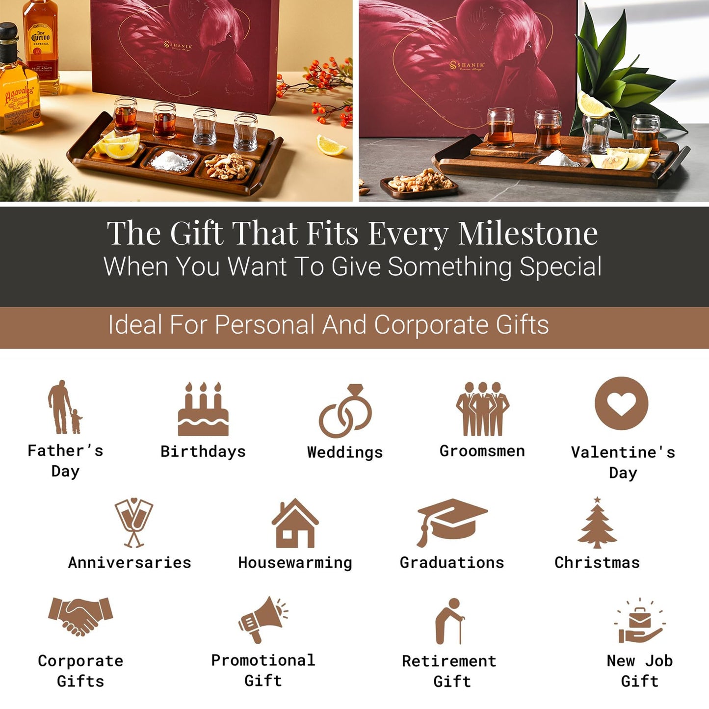 Shanik Rustic Wooden Tequila Flight Tray Set – Tasting Board with 4 Shot Glasses & Coasters, Cocktail Sampler for Parties, Home Bar, Men’s Gift, Pairing Kit