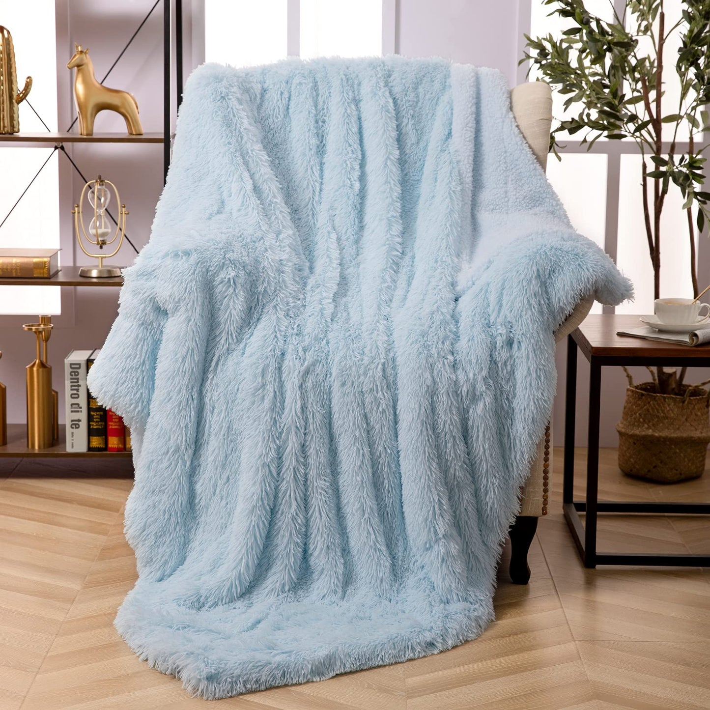 Faux Fur Throw Blanket, Super Soft Lightweight Shaggy Fuzzy Blanket Warm Cozy Plush Fluffy Decorative Blanket for Couch,Bed, Chair (Light Blue, 51"x63")