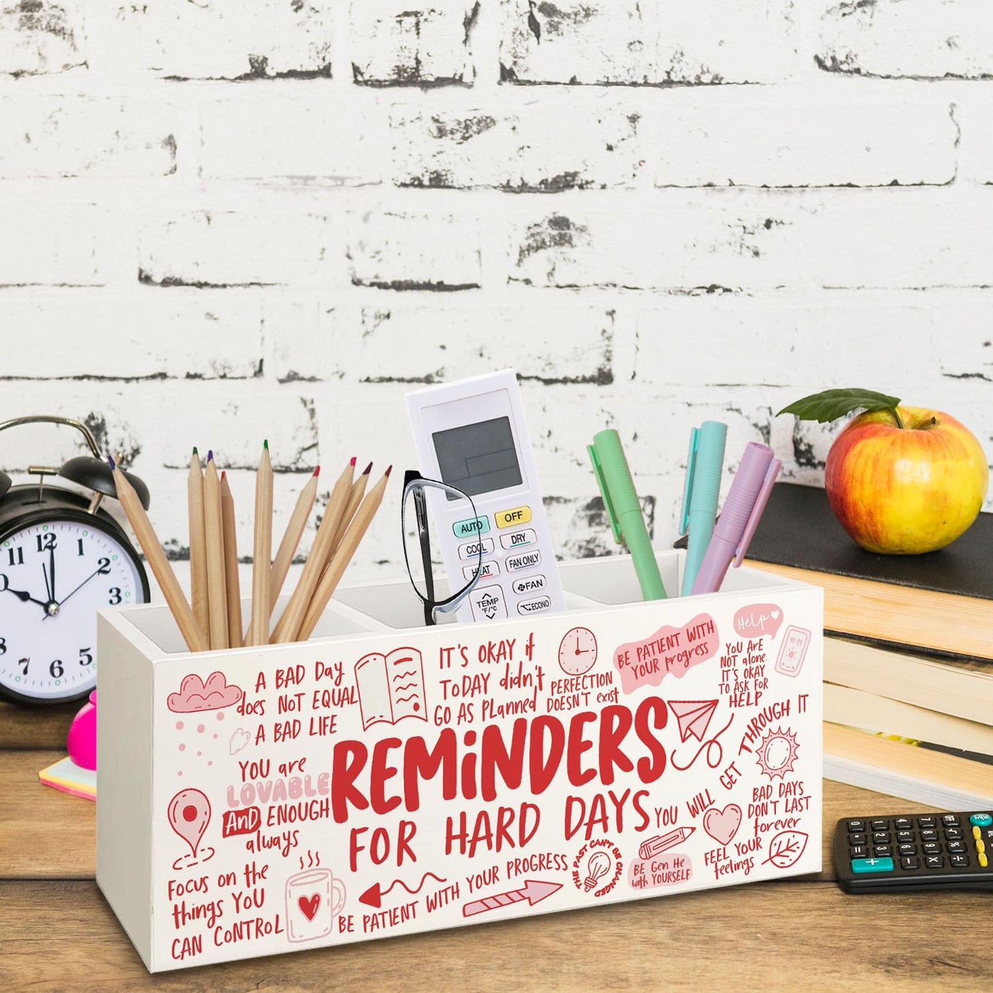 Yhtrg Bookmark Holder Decor Wooden Pen Pencil Holder for Desk, Reminders for Hard Days Wood Makeup Holder Organizer for Room Library