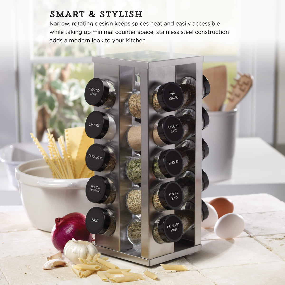 Kamenstein 20 Jar Heritage Revolving Countertop Spice Rack Organizer with Spices Included, FREE Spice Refills for 5 years, Brushed Stainless Steel with Black Caps