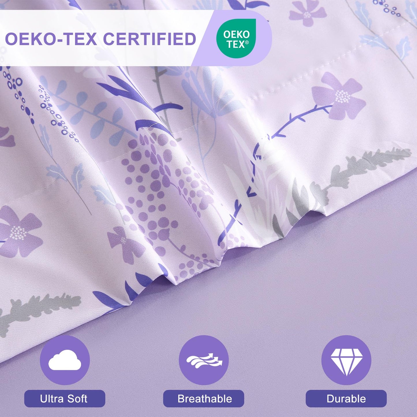 Botanical 6-Piece King Size Sheets Set, Boho Floral Print Brushed Microfiber Sheets, Cooling Bed Sheet Set, Ultra Soft & Breathable, 16' Deep Pocket Fitted Sheet & Pillowcase Set, Purple Floral