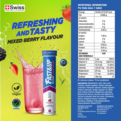 Fast&Up Reload Electrolyte Tablets, Mixed Berry Flavour, 80 Effervescent Tablets, Rapid Hydration & Energy, with Vitamin C & B12, Vegan