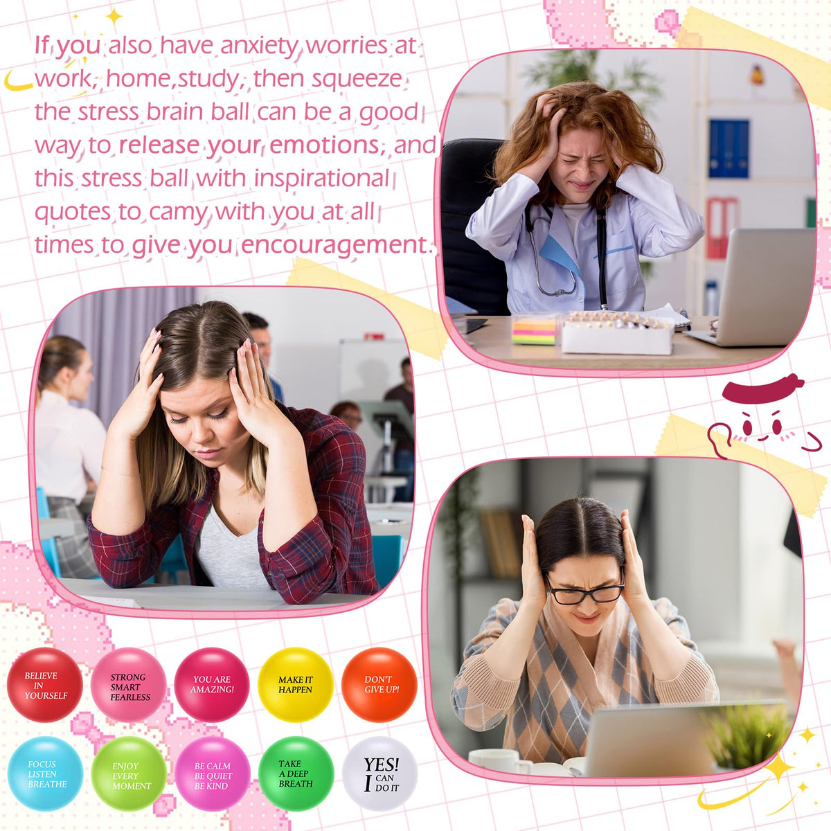 Meooeck 60 Set Stress Ball Gift with 60 Card 60 Organza Bag Motivational Stress Balls for Adult Employee Appreciation Gift Stresses Relief Balls with Inspirational Quote for Office Team Coworker Staff