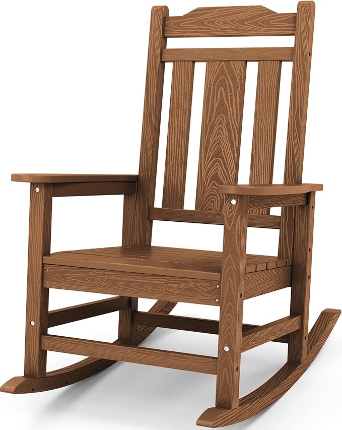 SERWALL Oversized Rocking Chair Outdoor, HDPE Outdoor Rocking Chair, Brown