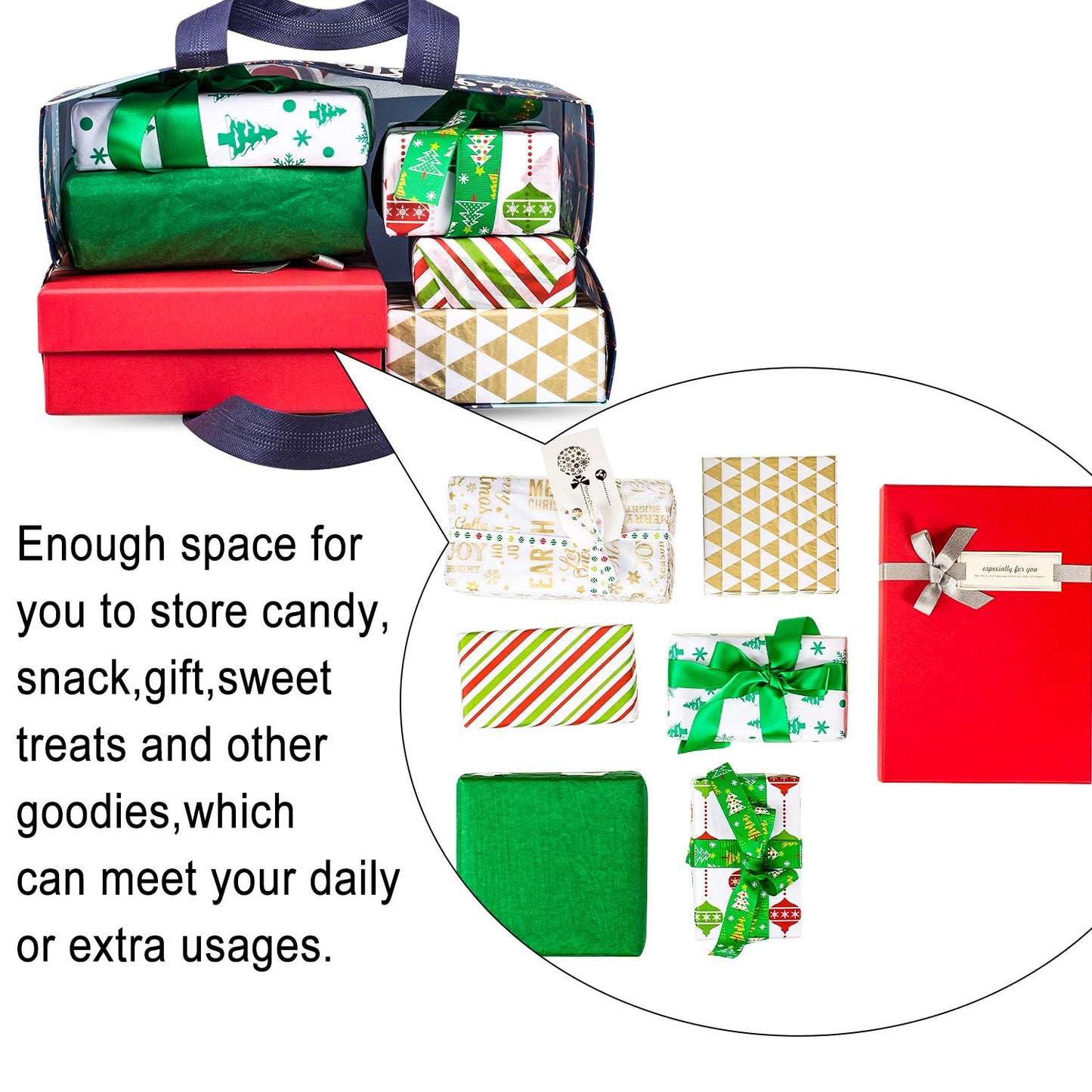 Whaline 12 Pack Large Christmas Gift Bags Reusable Non-Woven Tote Bags with Handles Christmas Grocery Shopping Totes for Holiday Xmas Gifts Party Favors, 12.8" x 9.8" x 6.7"
