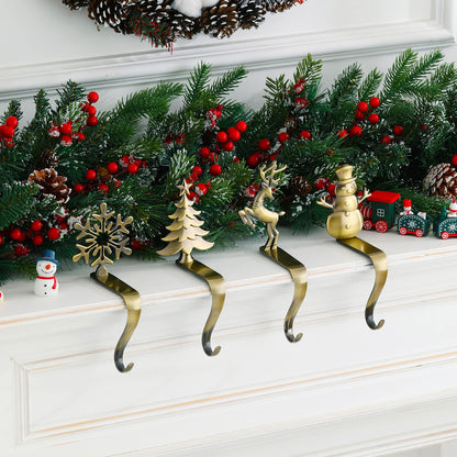 NIGHT-GRING Christmas Stocking Holder - Set of 4 Stocking Hangers Snowman Santa Snowflakes Christmas Tree Deer Stocking Hooks for Fireplace, Shelf, Staircases