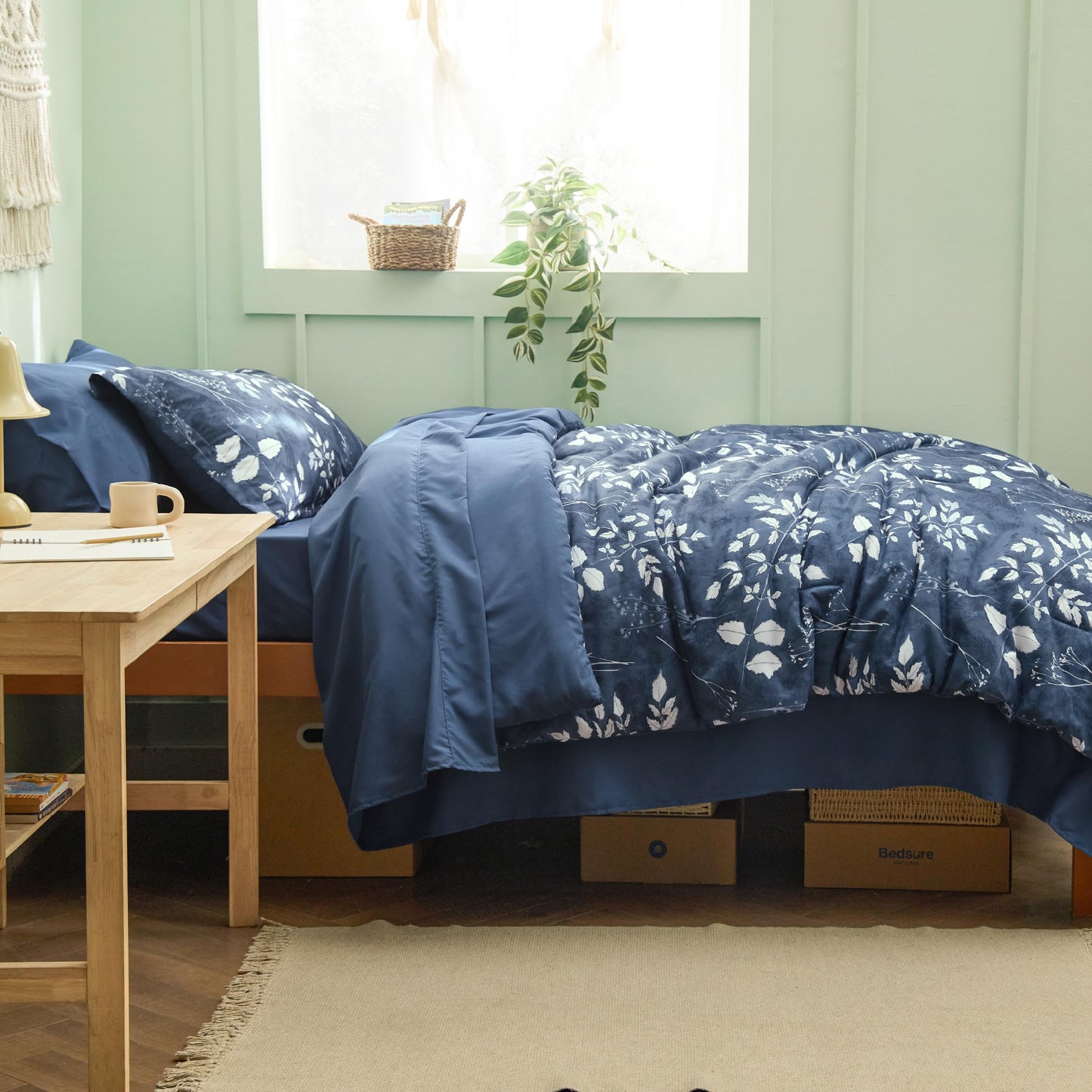 Bedsure Navy Twin XL Comforter Set - 5 Pieces Floral Bedding Sets Twin XL Bed in a Bag with Reversible Botanical Flowers Comforter, Sheets, Pillowcase & Sham