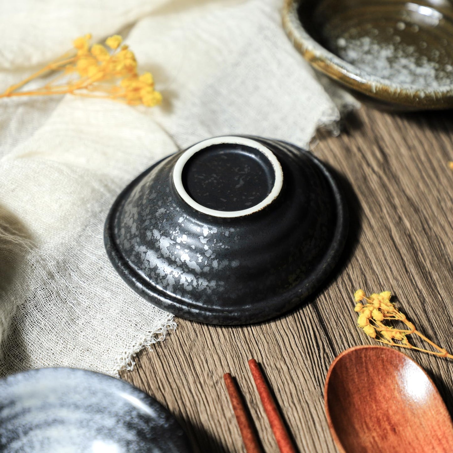 Bicuzat Set of 5 Japanese Vintage Style Ceramic Side Dishes - Retro Black Seasoning Dishes - 3.5 Inch