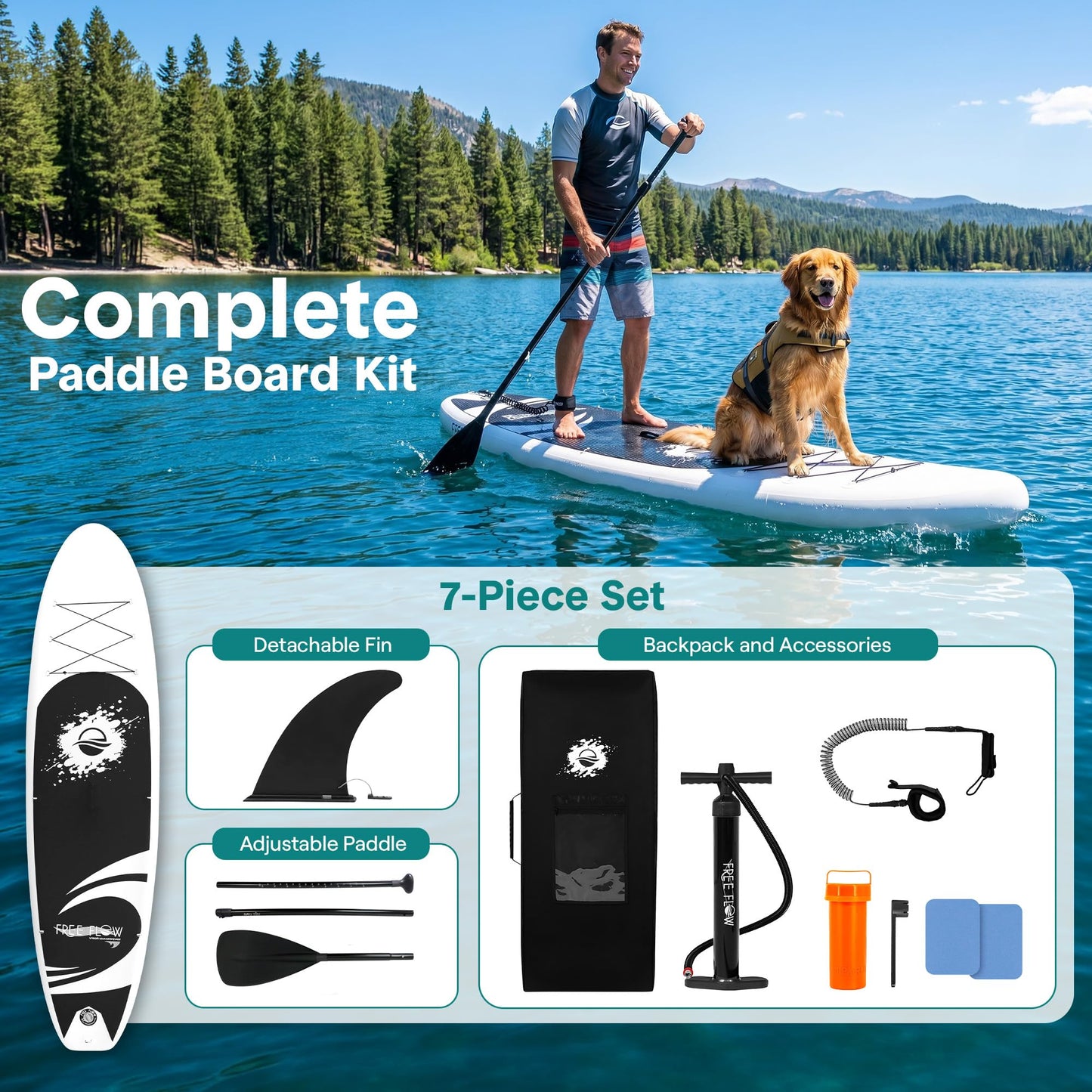 SereneLife 10’10” Inflatable Stand Up Paddle Board with Premium SUP Accessories - 32” Wide Stable Design with Non-Slip EVA Deck Pad, for Youth and Adults, 350 lbs. Capacity