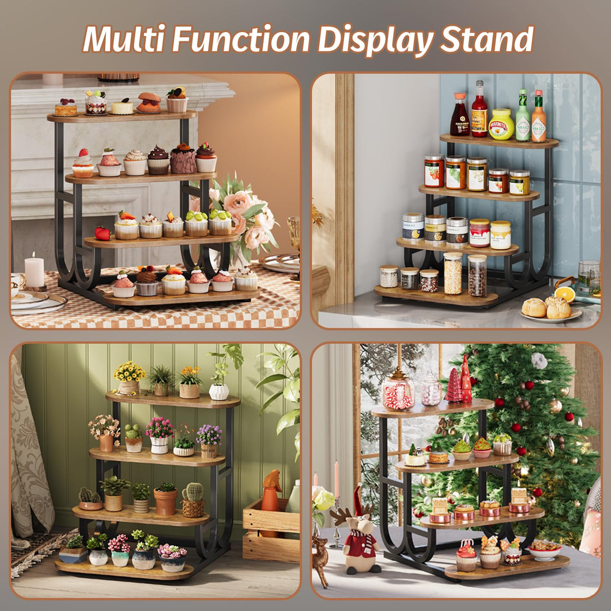 Trironsun Rustic Stepped Cupcake Stand for 50 Cupcakes 4-Tier Wooden Display Stand with Metal Frame Dessert Table Riser Shelf for Part, Bakery Farmers Market or Home Decor