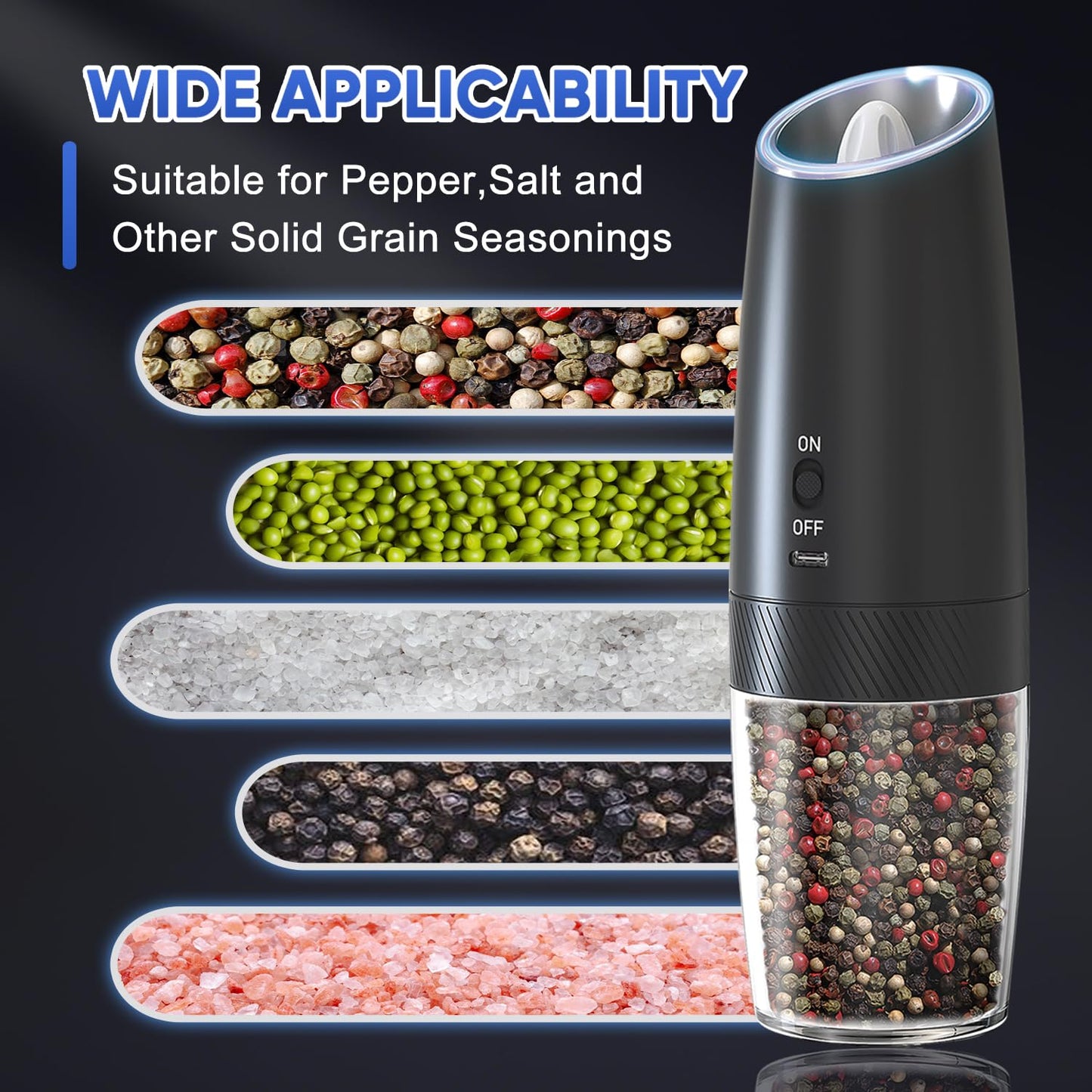 RECHARGEABLE - Gravity Electric Pepper and Salt Grinder Set, Adjustable Coarseness, With LED Light, One Hand Automatic Operation, 2 Pack-Black
