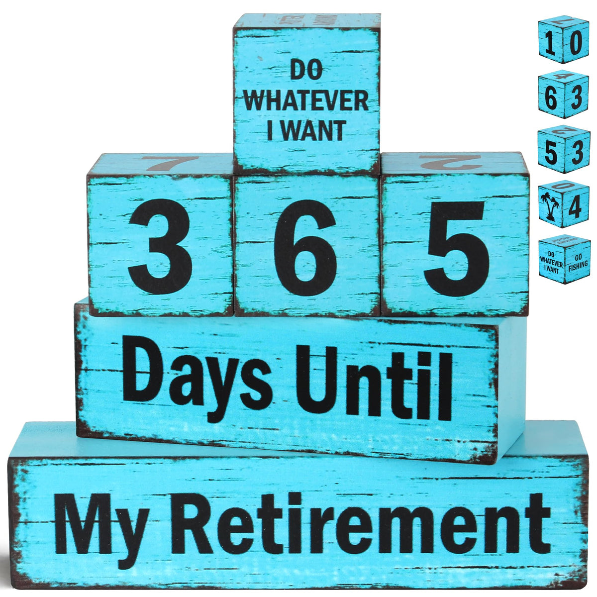 7 Pcs 365 Days Retirement Countdown Wooden Table Decor, Retire Activities Decision Dice Table Decorations for Home Office