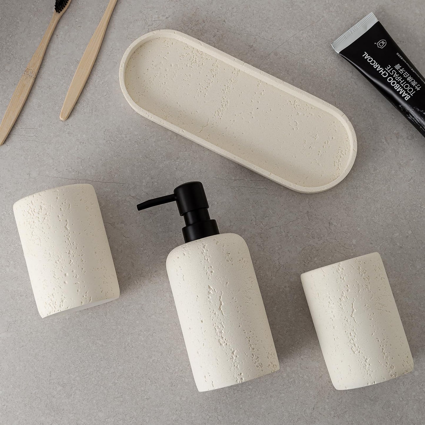 WUUAHOME Bathroom Accessories Set, 4 Piece Travertine Stone Look Collection, Modern Bath Organizer with Soap Dispenser, Toothbrush Holder, Tumbler, Vanity Tray for Countertop Kitchen Sink (Off White)