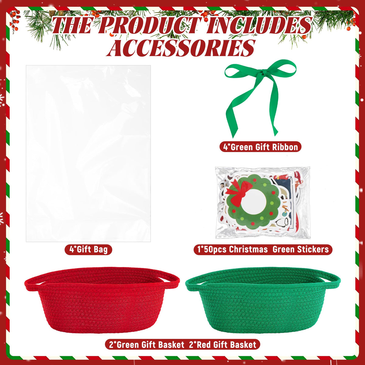 4pcs Christmas Gift Basket Empty, Christmas Woven Basket with Handles, Decorative Rope Woven Storage Basket Xmas Gift Baskets with Gift Bags Sticker and Ribbons for Xmas Empty Decorative Gift Box