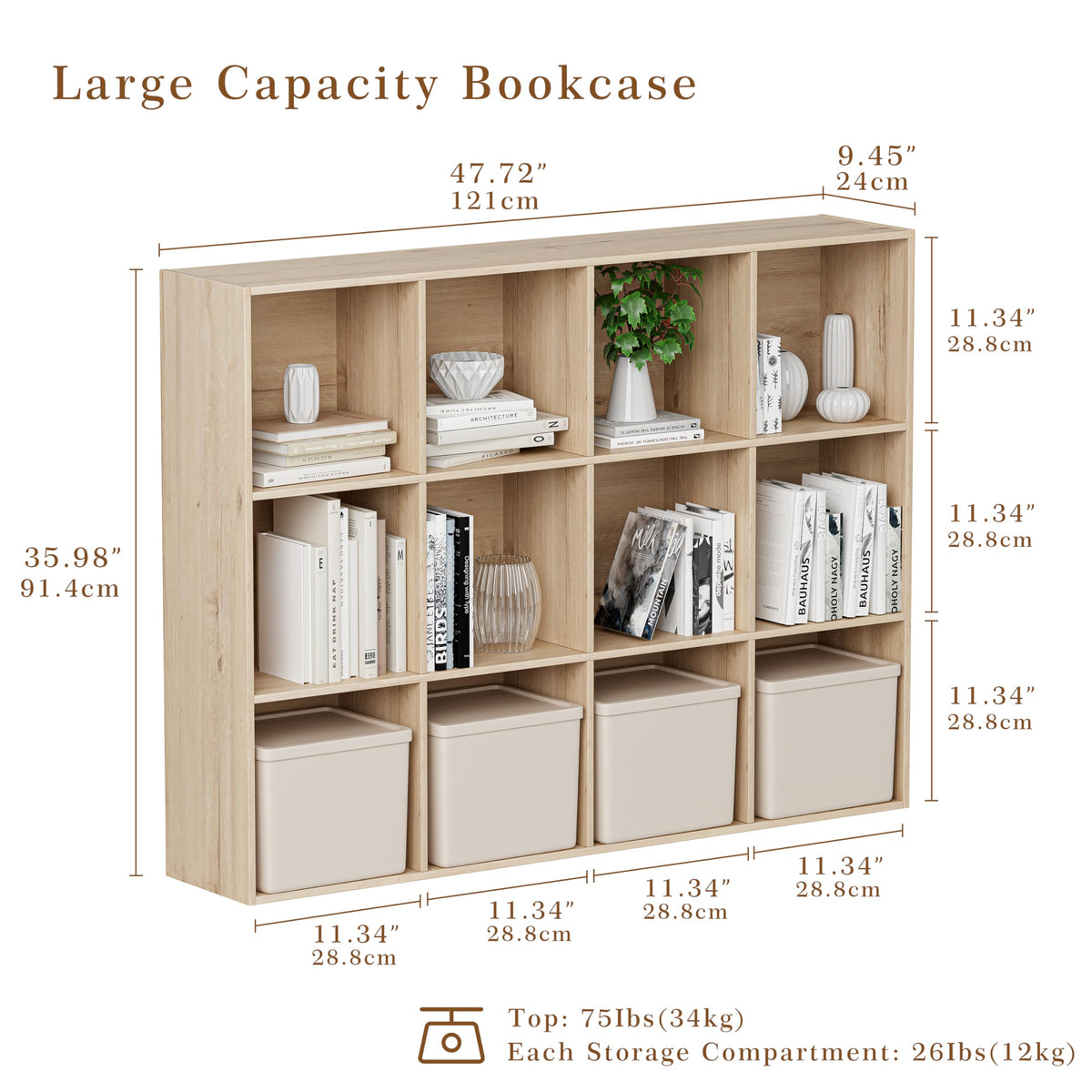 VDNEND Wooden Cube Storage Organizer with Closed Back Panel, 11in Cube Shelf Opening, Bookshelf, Display Shelf,Closet Cabinet for Home and Office (White Oak, 12-Cube 35.98L*9.45W*47.72H)