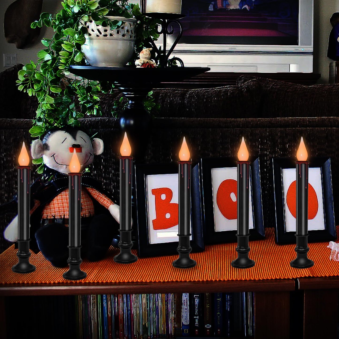 SUNSGNE 9'' Halloween Window Battery Operated Candle Lights with LED Flameless Flicker Lights, Black Candles Automatic Timer Lamps for Indoor Windows Dining Table Decor, Pack of 10